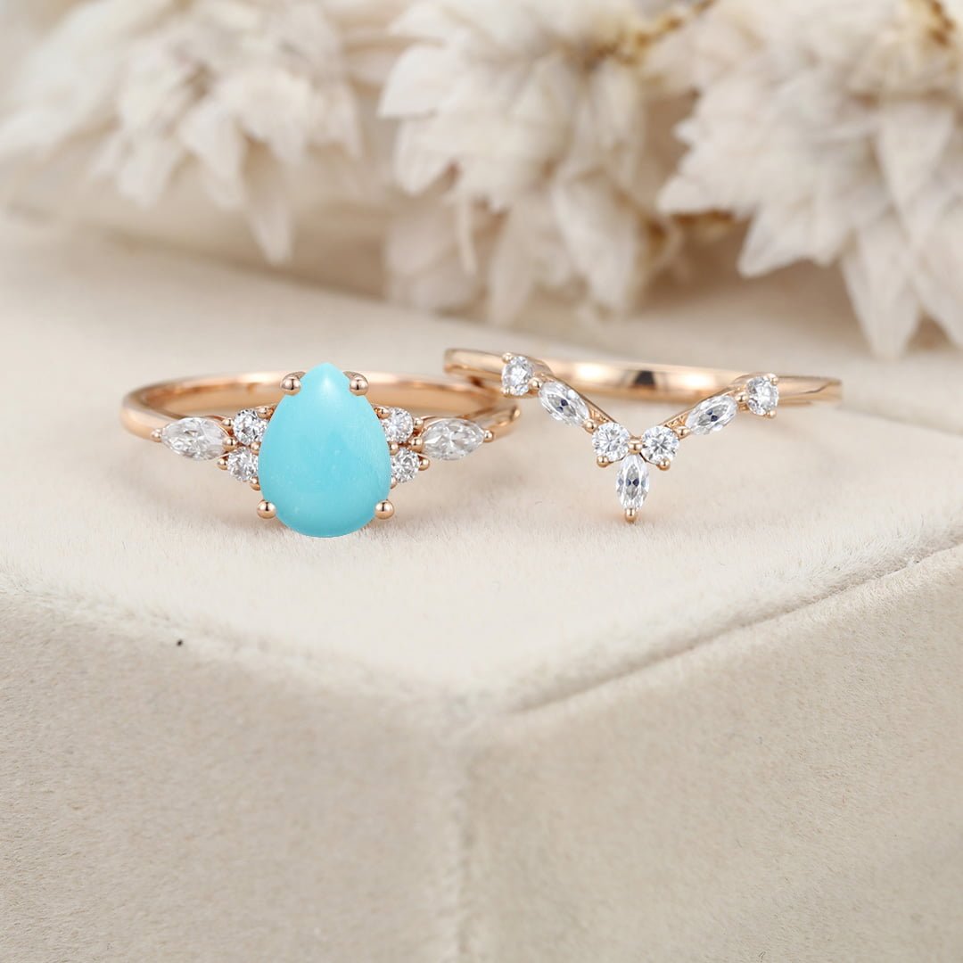 Pear shaped Turquoise engagement ring set Vintage Rose gold moissanite ring Unique marquise diamond wedding ring Bridal set Anniversary