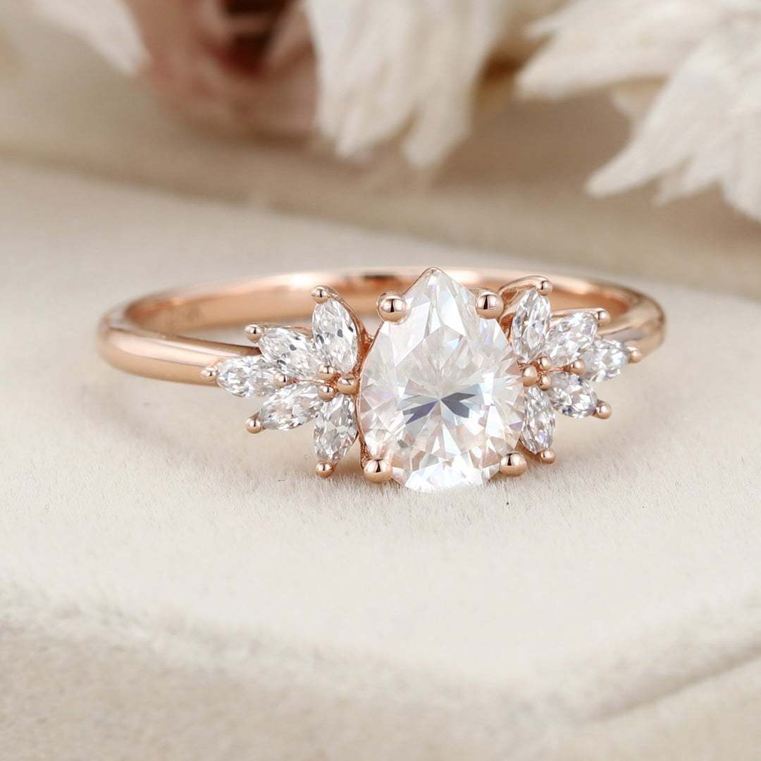 Pear shaped Unique Moissanite engagement ring Vintage Rose gold Cluster engagement ring Art Deco marquise ring Bridal Promise Anniversary