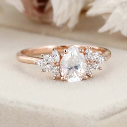 Pear shaped Unique Moissanite engagement ring Vintage Rose gold Cluster engagement ring Art Deco marquise ring Bridal Promise Anniversary