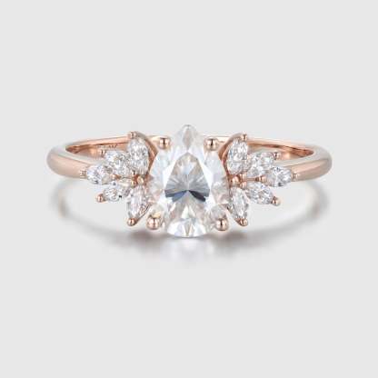 Pear shaped Unique Moissanite engagement ring Vintage Rose gold Cluster engagement ring Art Deco marquise ring Bridal Promise Anniversary
