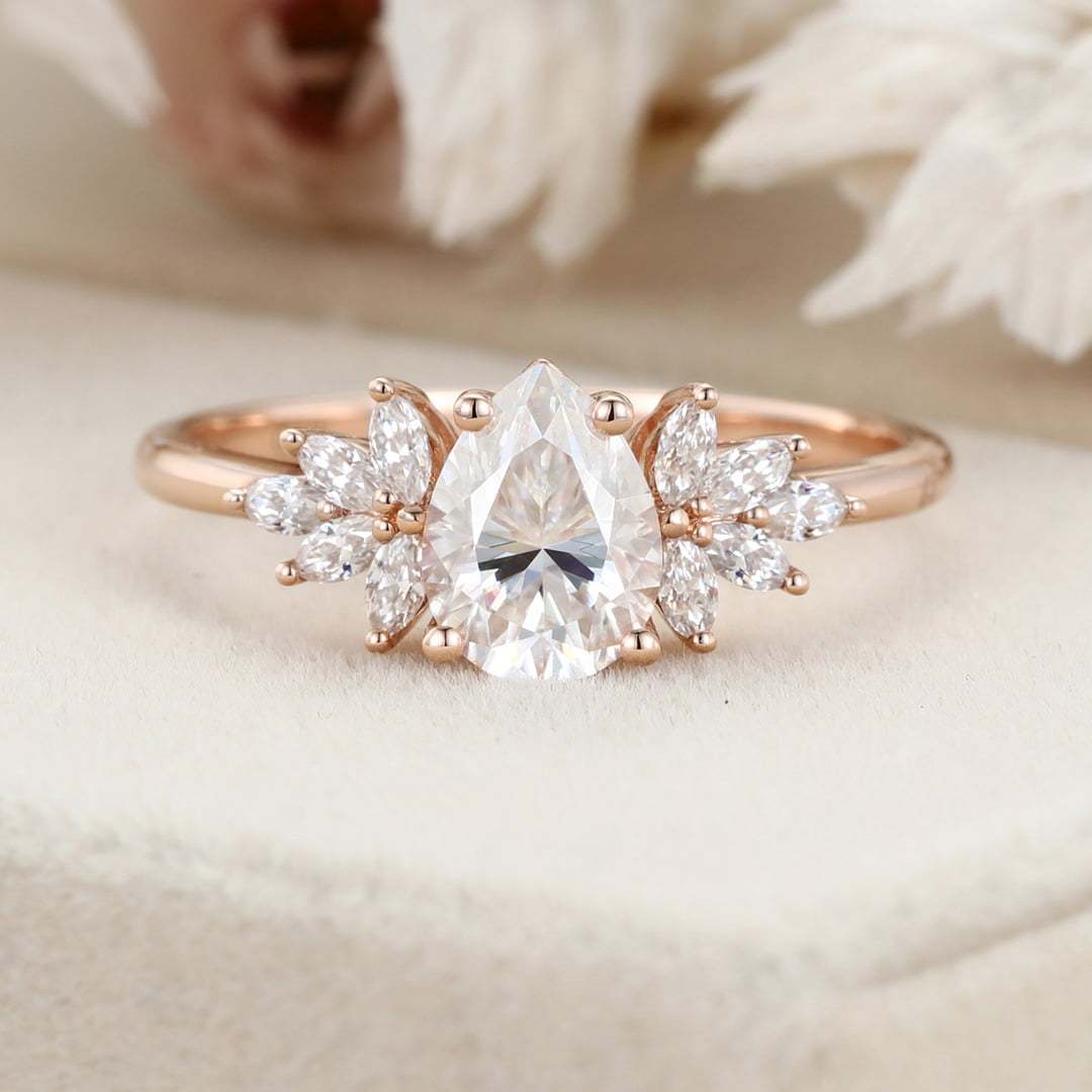 Pear shaped Unique Moissanite engagement ring Vintage Rose gold Cluster engagement ring Art Deco marquise ring Bridal Promise Anniversary