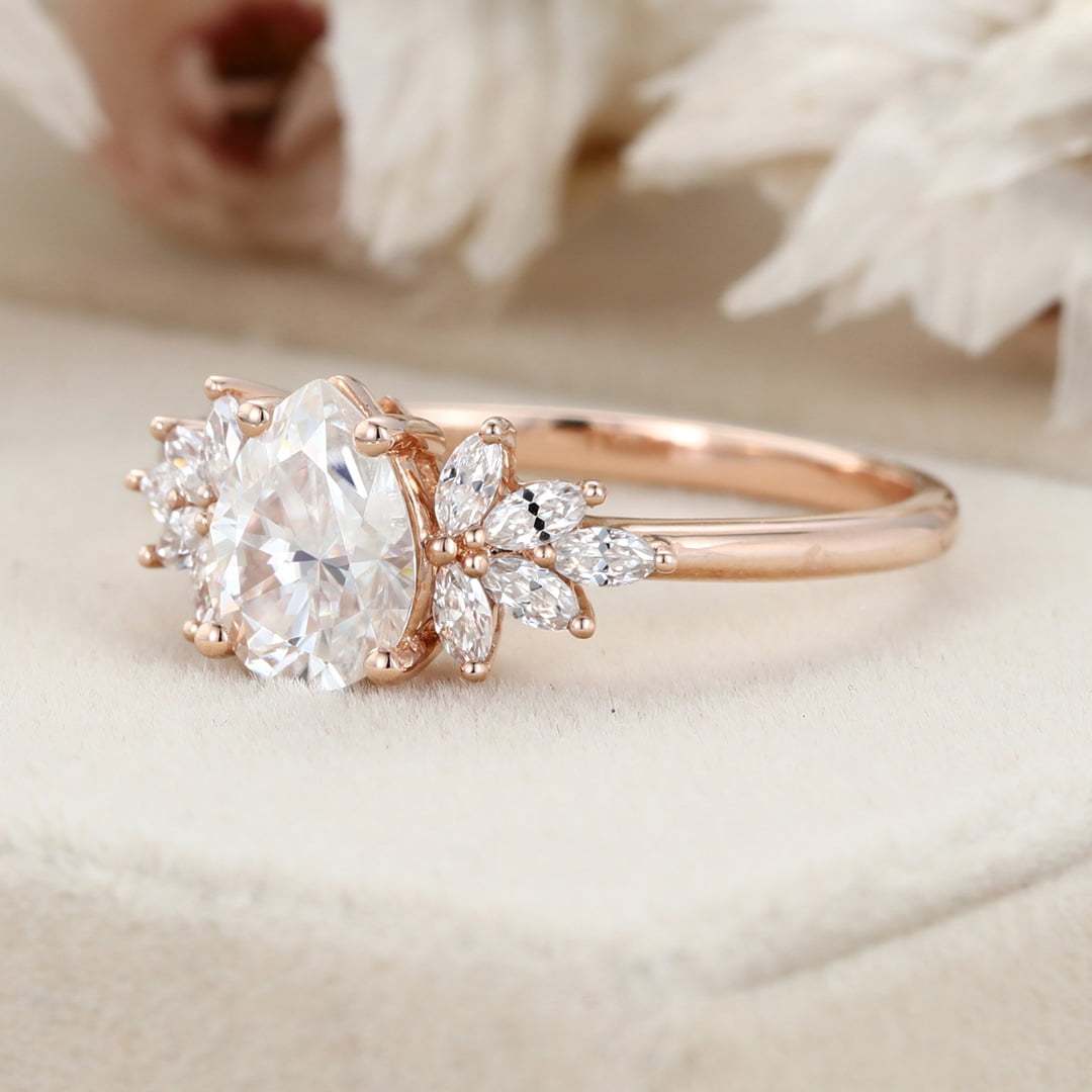 Pear shaped Unique Moissanite engagement ring Vintage Rose gold Cluster engagement ring Art Deco marquise ring Bridal Promise Anniversary