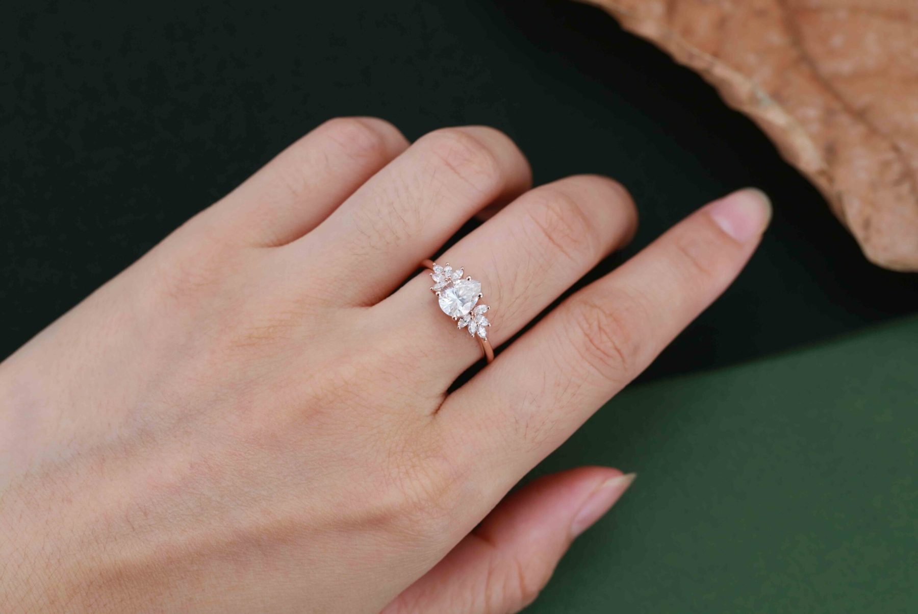 Pear shaped Unique Moissanite engagement ring Vintage Rose gold Cluster engagement ring Art Deco marquise ring Bridal Promise Anniversary