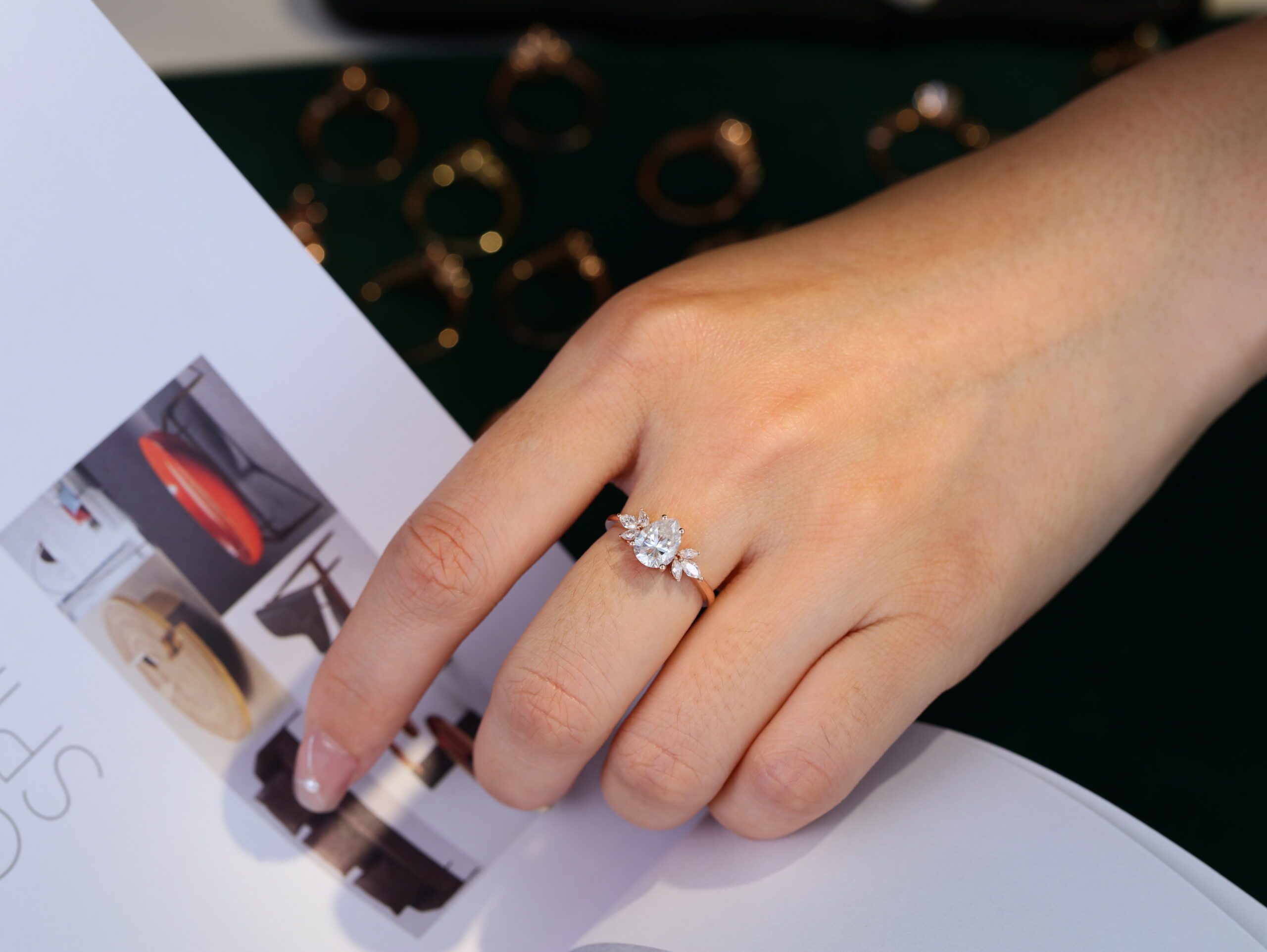 1.5 Carat Pear Cut Moissanite Ring In 14k Rose Gold Side Stone Vintage Ring