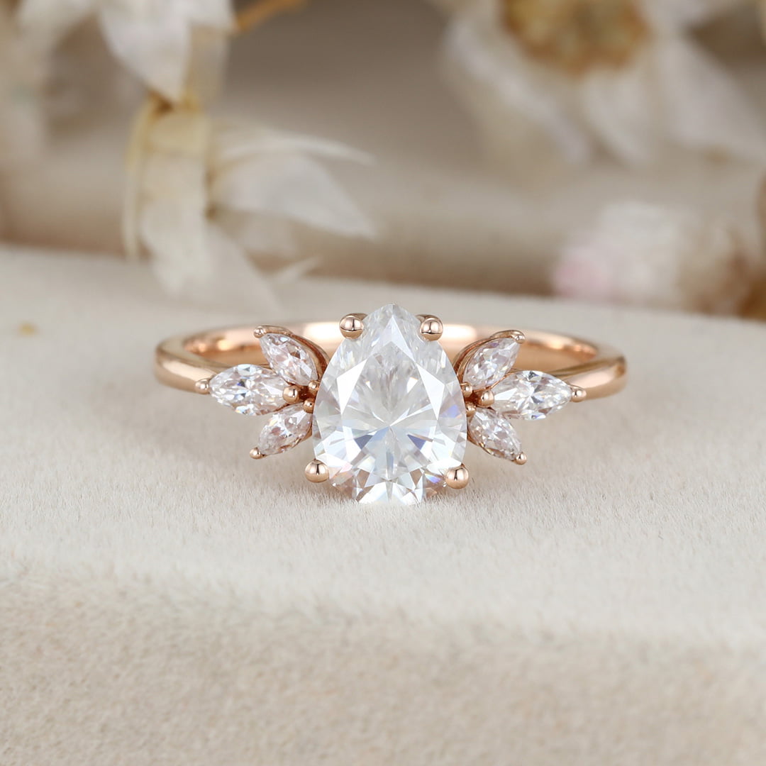 1.5 Carat Pear Cut Moissanite Ring In 14k Rose Gold Side Stone Vintage Ring