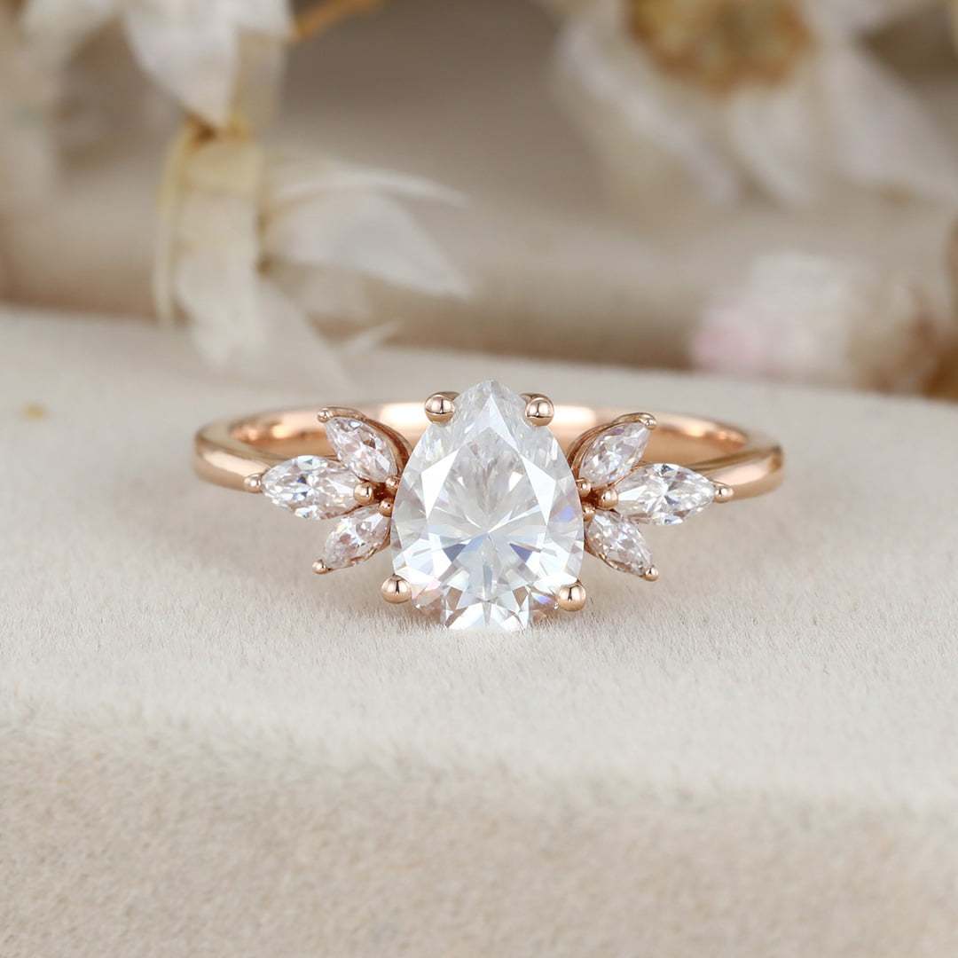 1.5 Carat Pear Cut Moissanite Ring In 14k Rose Gold Side Stone Vintage Ring