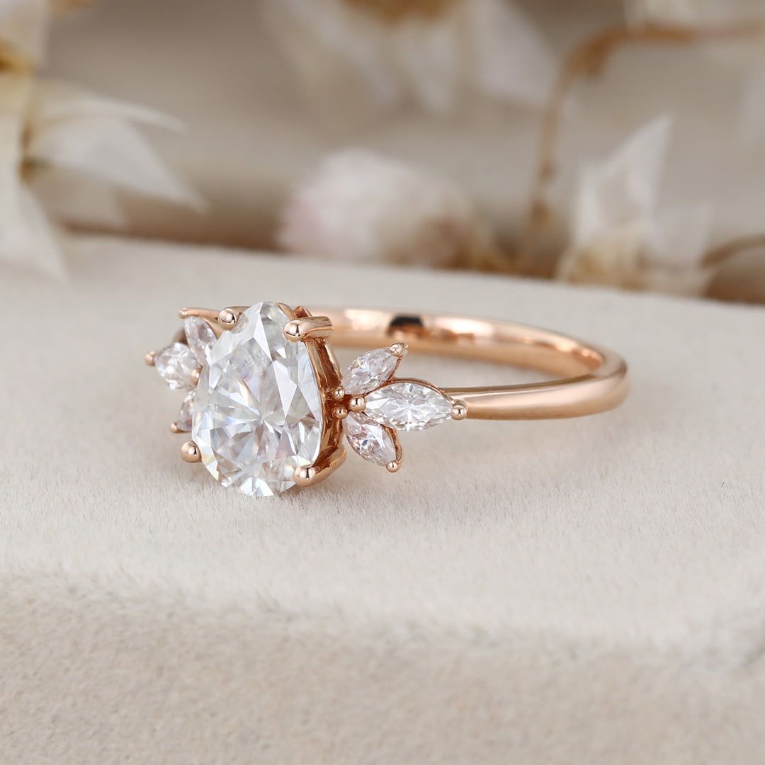 1.5 Carat Pear Cut Moissanite Ring In 14k Rose Gold Side Stone Vintage Ring