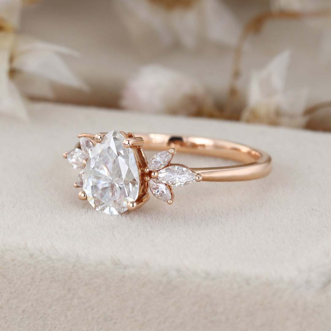 1.5 Carat Pear Cut Moissanite Ring In 14k Rose Gold Side Stone Vintage Ring