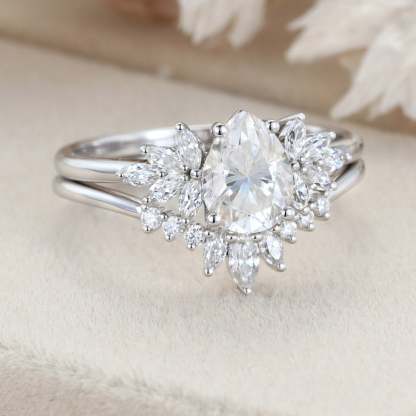 Pear shaped moissanite engagement ring set Vintage White gold marquise Cluster diamond unique curve matching Wedding Anniversary gift for her