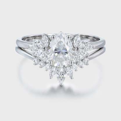 Pear shaped moissanite engagement ring set Vintage White gold marquise Cluster diamond unique curve matching Wedding Anniversary gift for her