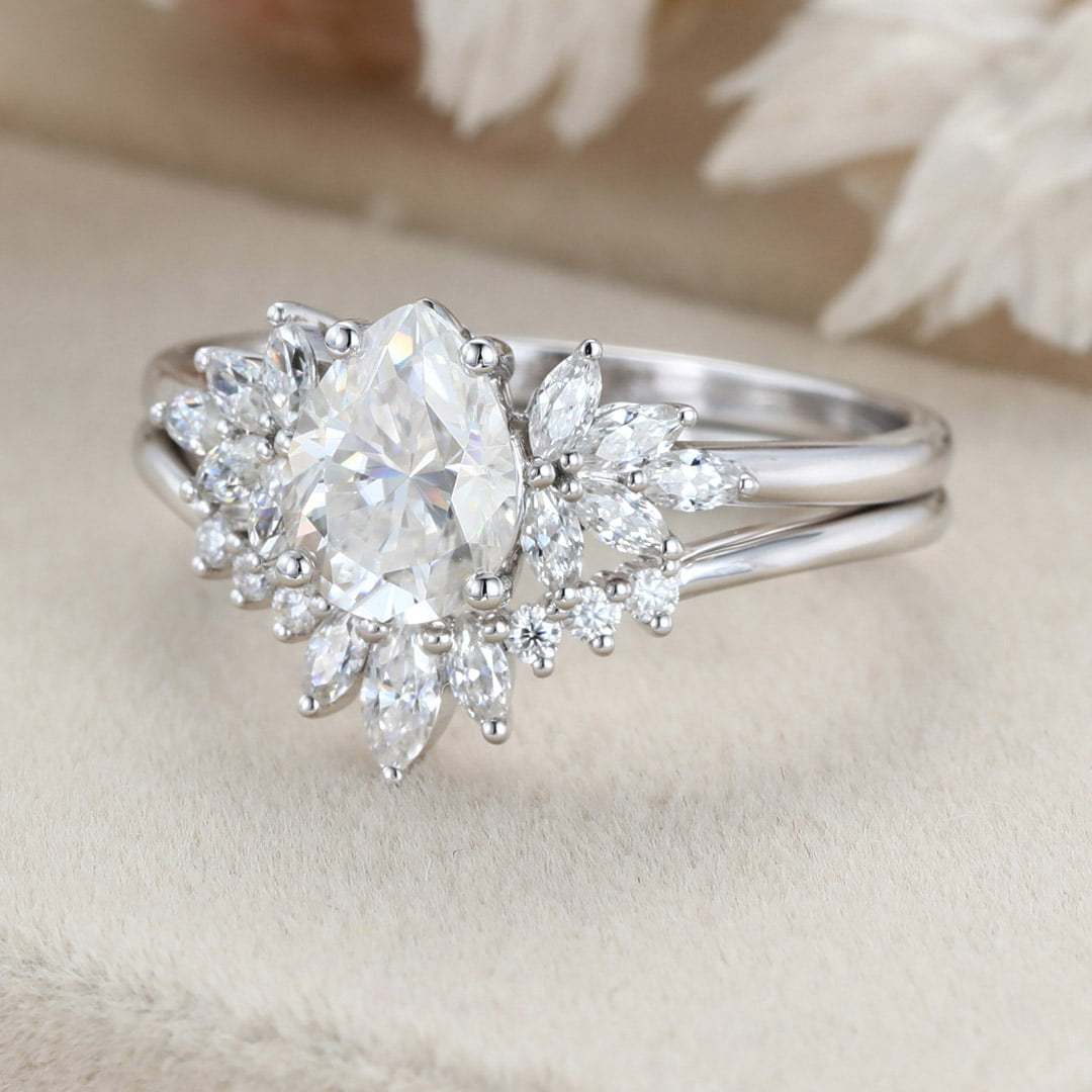 Pear shaped moissanite engagement ring set Vintage White gold marquise Cluster diamond unique curve matching Wedding Anniversary gift for her