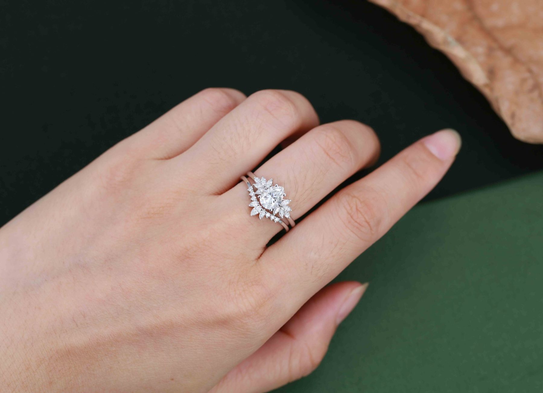 Pear shaped moissanite engagement ring set Vintage White gold marquise Cluster diamond unique curve matching Wedding Anniversary gift for her