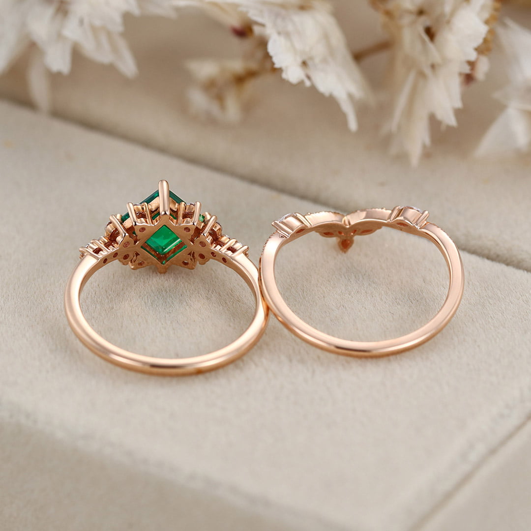 Princess Cut Lab-Grown Emerald Engagement Ring Set 14K Solid Gold Wedding Ring
