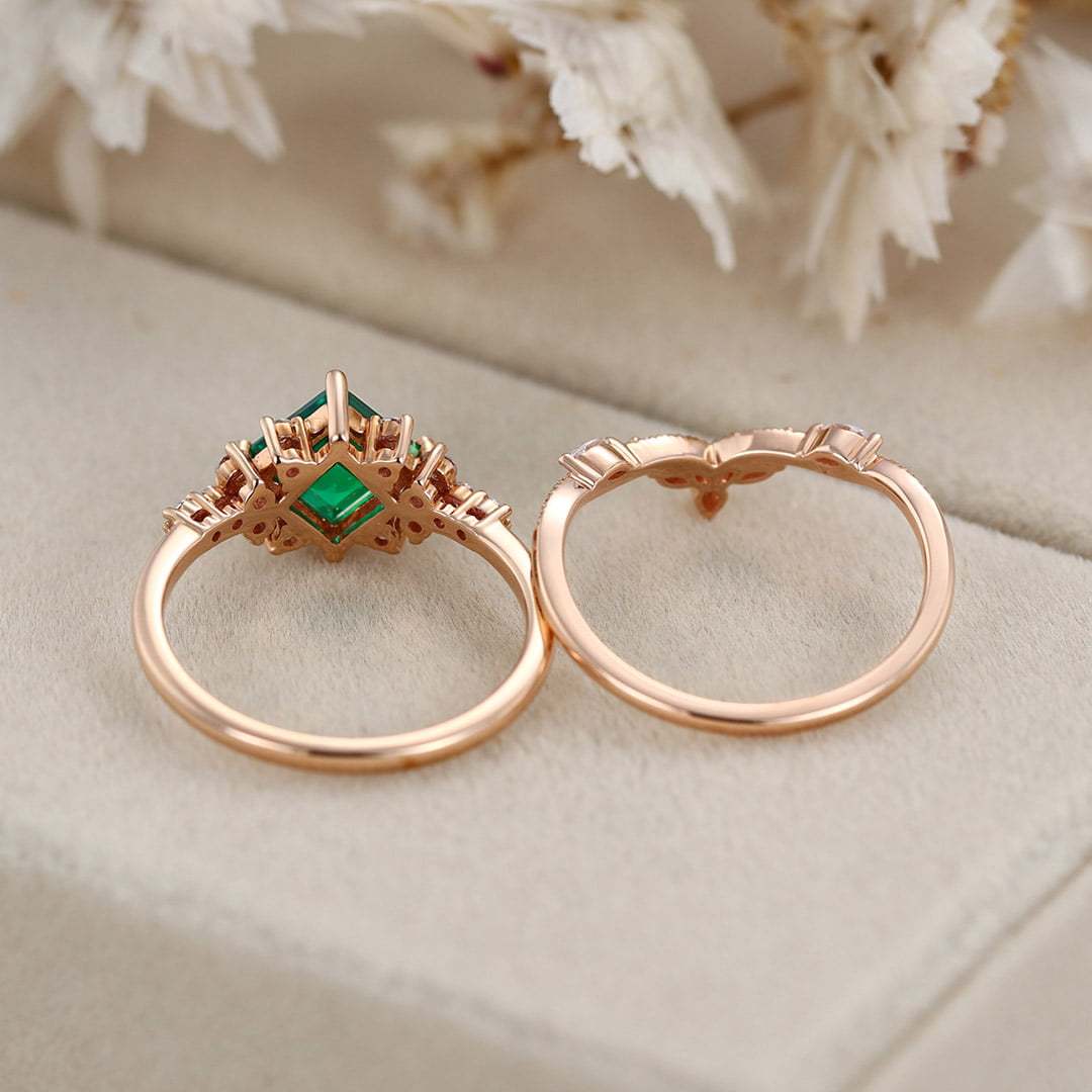Princess Cut Lab-Grown Emerald Engagement Ring Set 14K Solid Gold Wedding Ring
