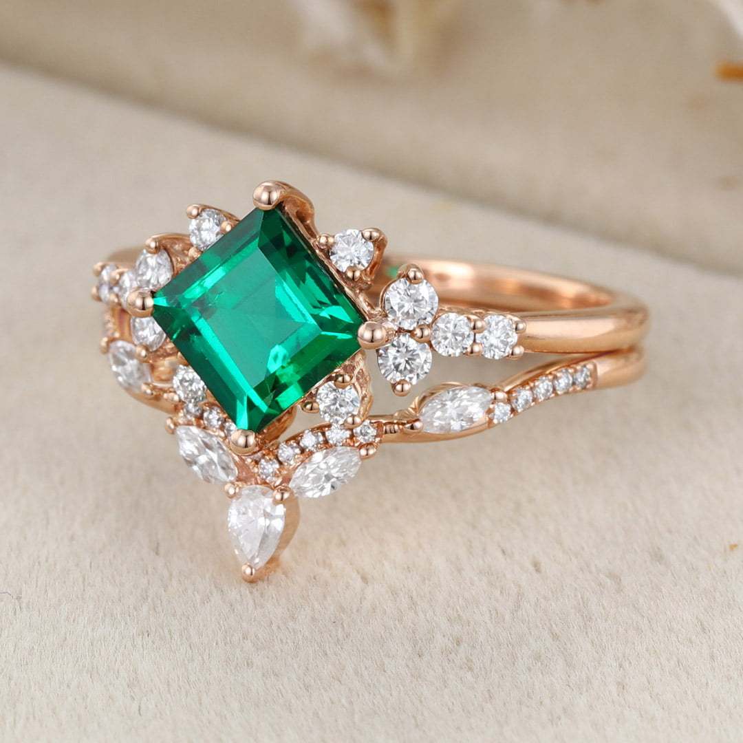 Princess Cut Lab-Grown Emerald Engagement Ring Set 14K Solid Gold Wedding Ring