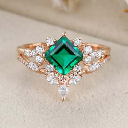 Princess Cut Lab-Grown Emerald Engagement Ring Set 14K Solid Gold Wedding Ring