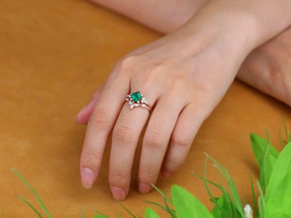 Princess Cut Lab-Grown Emerald Engagement Ring Set 14K Solid Gold Wedding Ring