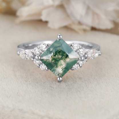 Princess Cut Moss Agate Engagement Ring 14K Rose Gold Engagement Ring Unique Diamond Ring Bridal Wedding Promise Anniversary Gite