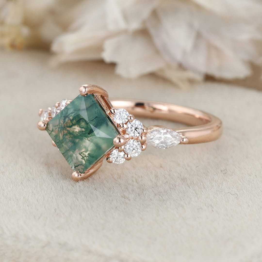 Princess Cut Moss Agate Engagement Ring 14K Rose Gold Engagement Ring Unique Diamond Ring Bridal Wedding Promise Anniversary Gite