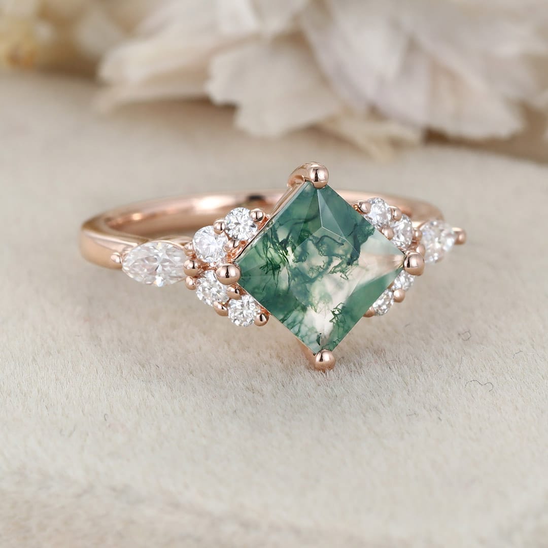 Princess Cut Moss Agate Engagement Ring 14K Rose Gold Engagement Ring Unique Diamond Ring Bridal Wedding Promise Anniversary Gite