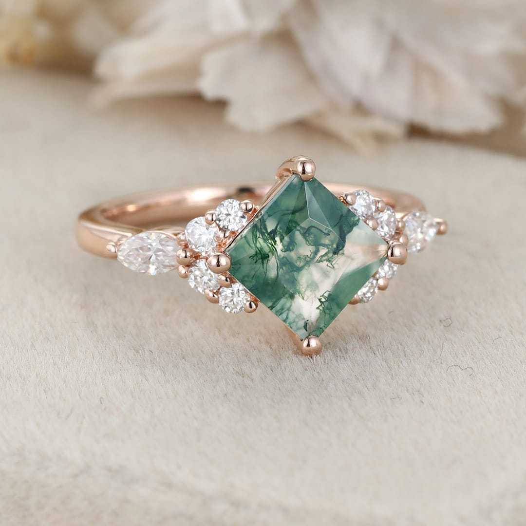 Princess Cut Moss Agate Engagement Ring 14K Rose Gold Engagement Ring Unique Diamond Ring Bridal Wedding Promise Anniversary Gite