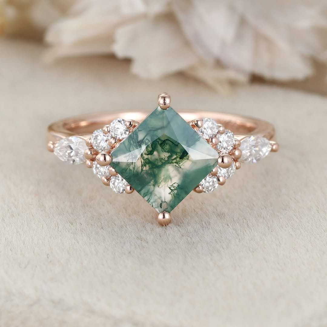 Princess Cut Moss Agate Engagement Ring 14K Rose Gold Engagement Ring Unique Diamond Ring Bridal Wedding Promise Anniversary Gite