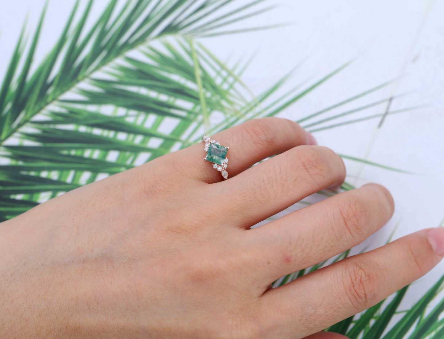 Princess Cut Moss Agate Engagement Ring 14K Rose Gold Engagement Ring Unique Diamond Ring Bridal Wedding Promise Anniversary Gite
