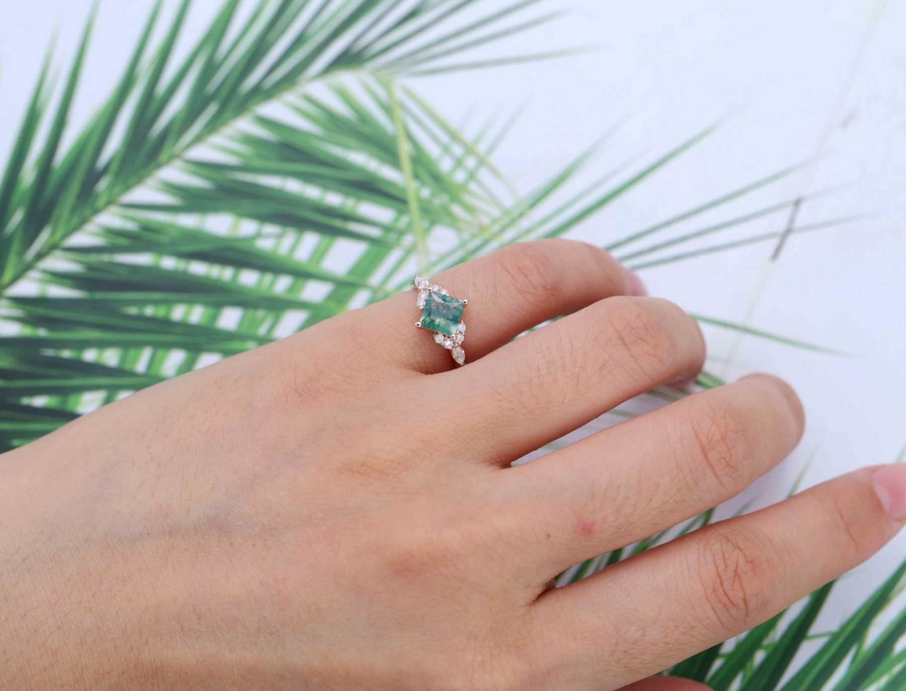 Princess Cut Moss Agate Engagement Ring 14K Rose Gold Engagement Ring Unique Diamond Ring Bridal Wedding Promise Anniversary Gite
