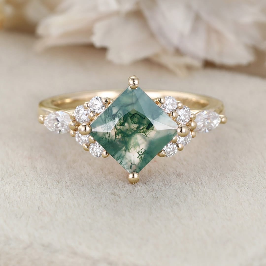 Princess Cut Moss Agate Engagement Ring 14K Rose Gold Engagement Ring Unique Diamond Ring Bridal Wedding Promise Anniversary Gite