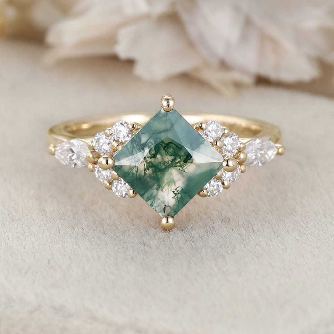 Princess Cut Moss Agate Engagement Ring 14K Rose Gold Engagement Ring Unique Diamond Ring Bridal Wedding Promise Anniversary Gite