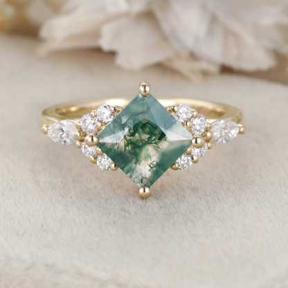 Princess Cut Moss Agate Engagement Ring 14K Rose Gold Engagement Ring Unique Diamond Ring Bridal Wedding Promise Anniversary Gite