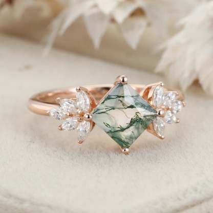 Princess Cut Natural Moss Agate Engagement Ring Vintage 14K Rose Gold Marquise Cut Diamond Wedding Ring