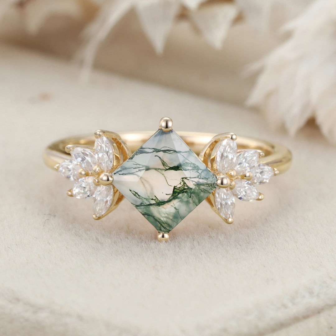 Princess Cut Natural Moss Agate Engagement Ring Vintage 14K Rose Gold Marquise Cut Diamond Wedding Ring