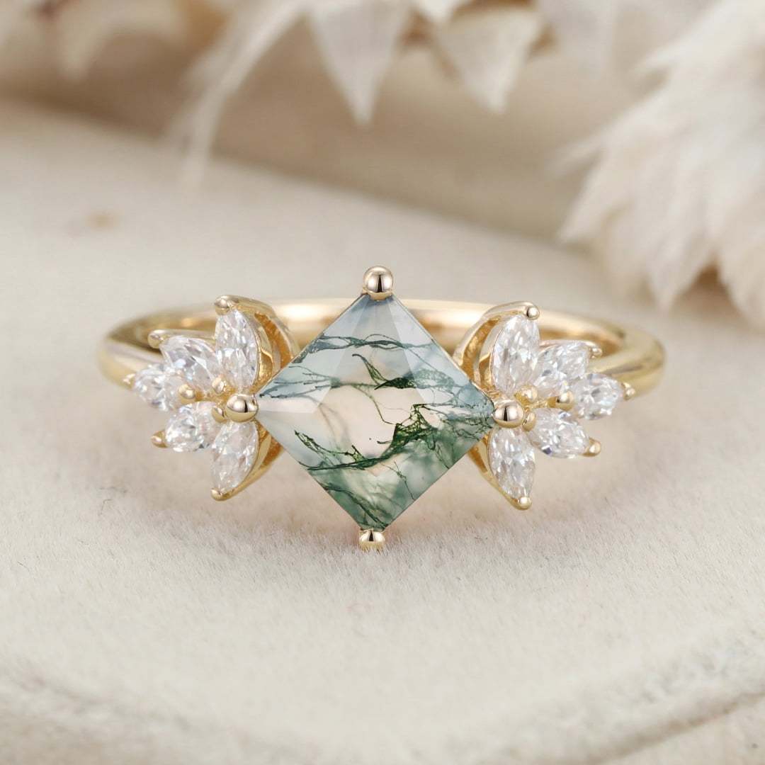 Princess Cut Natural Moss Agate Engagement Ring Vintage 14K Rose Gold Marquise Cut Diamond Wedding Ring