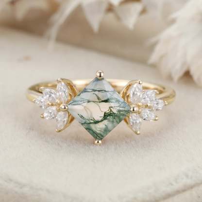 Princess Cut Natural Moss Agate Engagement Ring Vintage 14K Rose Gold Marquise Cut Diamond Wedding Ring