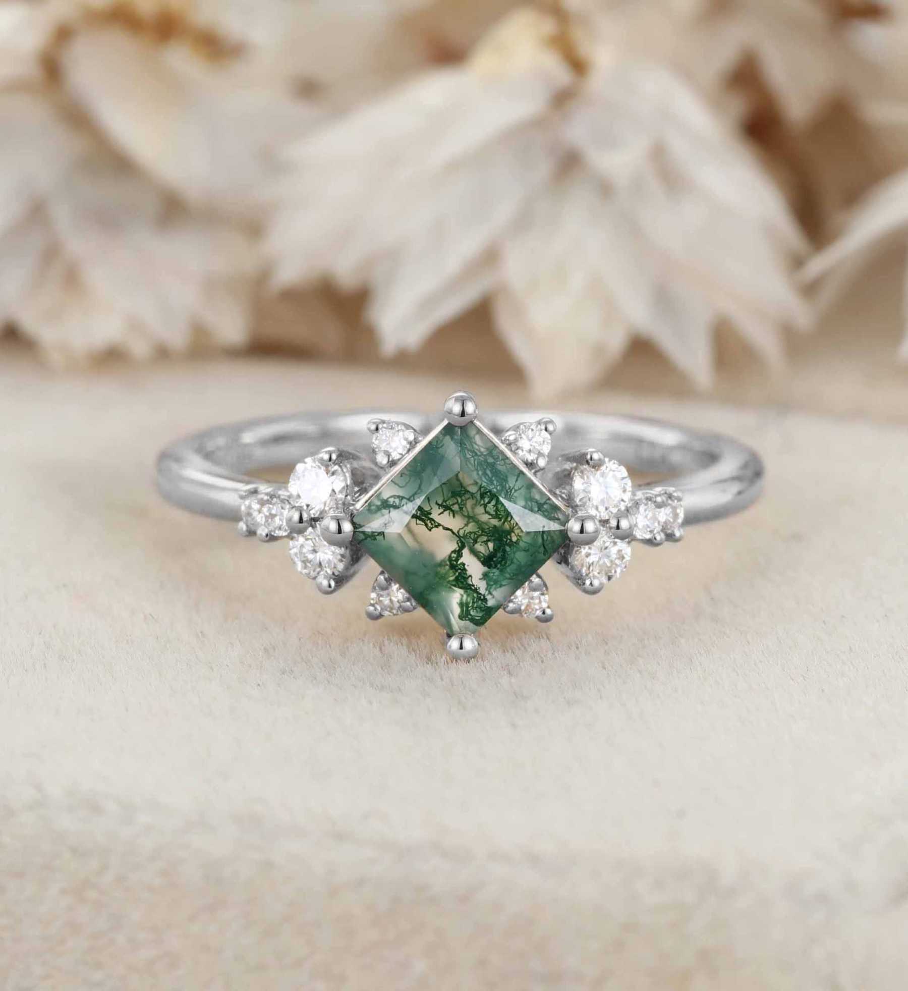 Princess Cut Vintage Moss Agate Engagement Ring 14K Yellow Gold Engagement Ring Unique Diamond Ring Bridal Wedding Anniversary Promise Ring