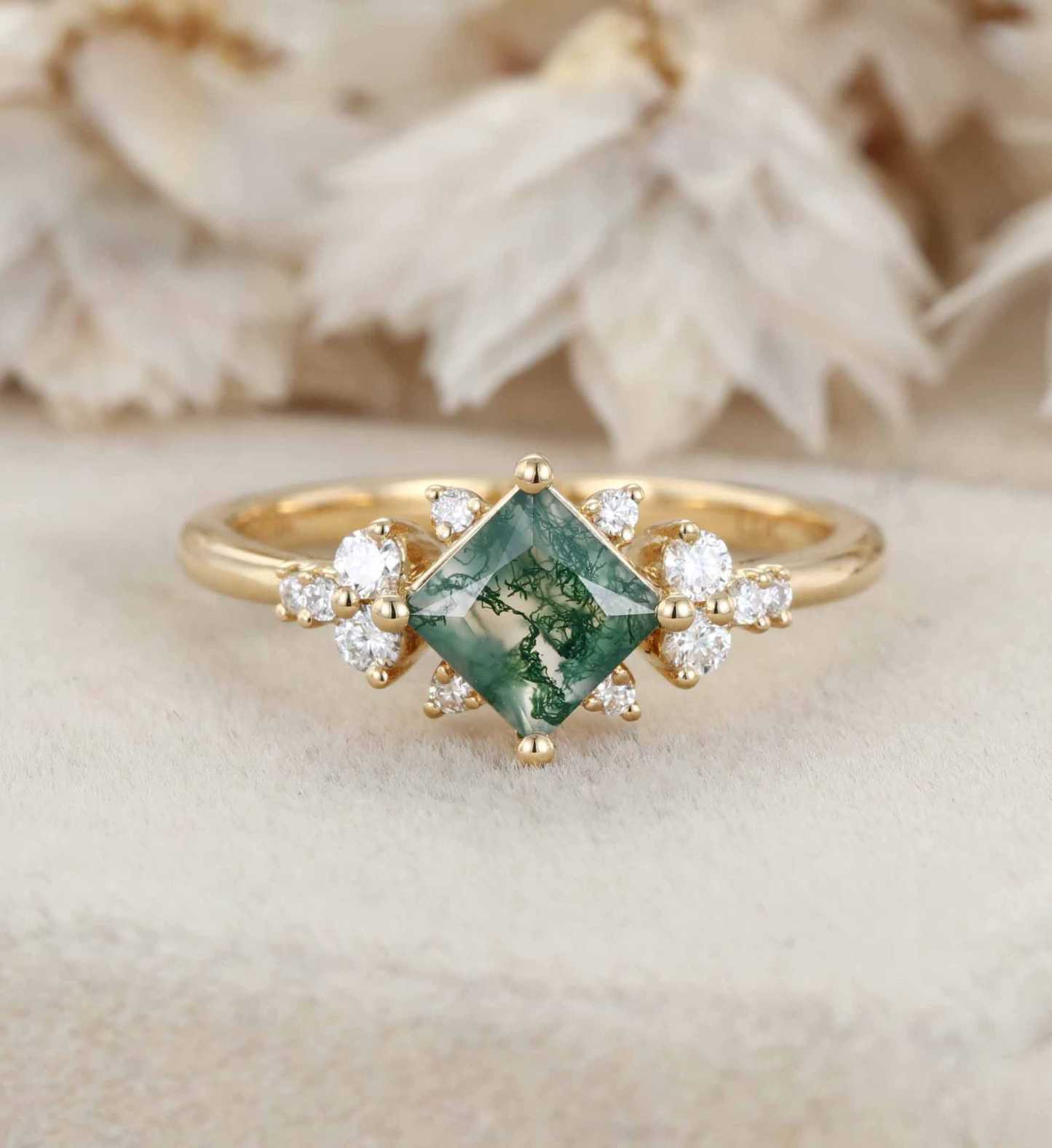 Princess Cut Vintage Moss Agate Engagement Ring 14K Yellow Gold Engagement Ring Unique Diamond Ring Bridal Wedding Anniversary Promise Ring