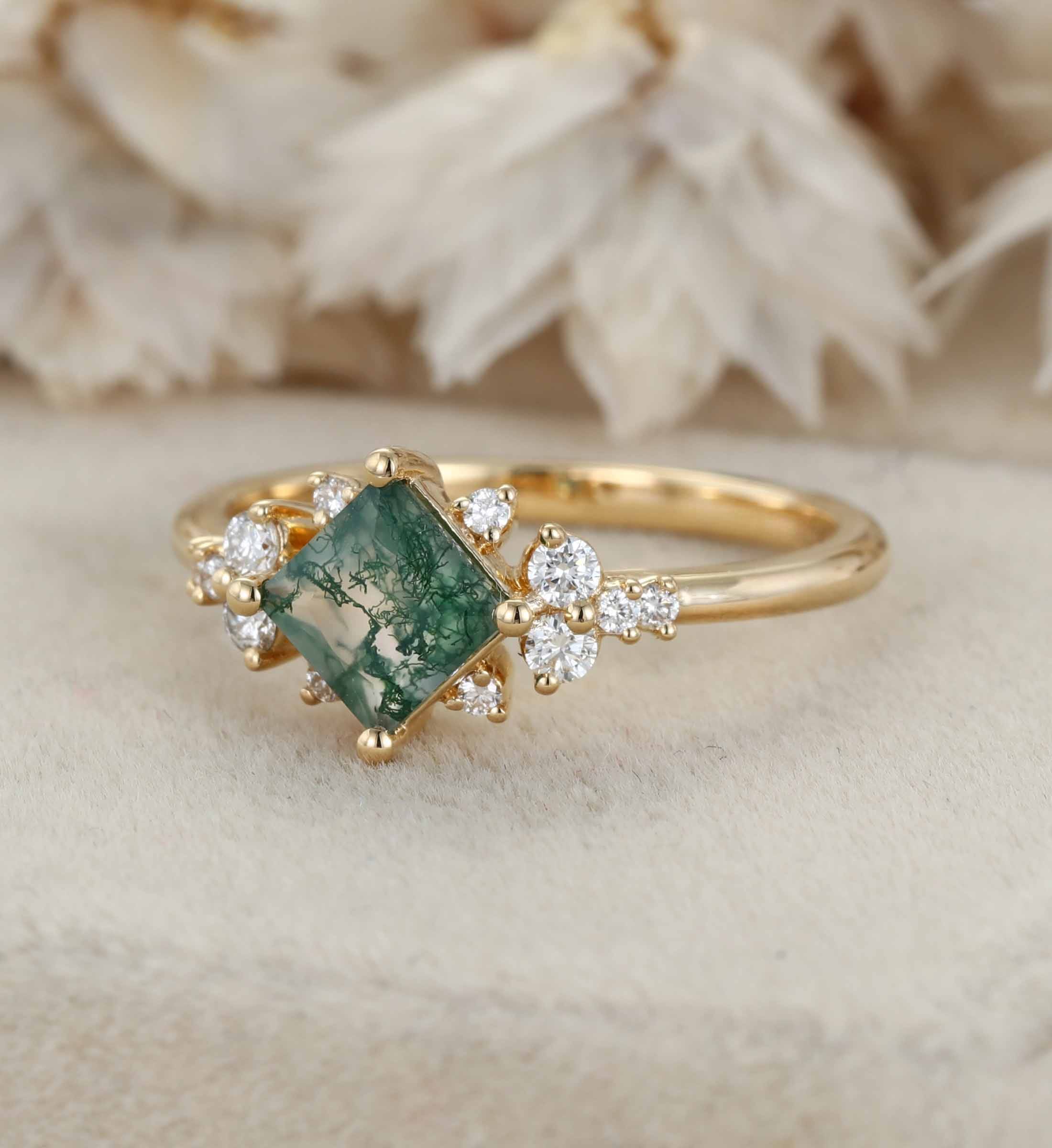 Princess Cut Vintage Moss Agate Engagement Ring 14K Yellow Gold Engagement Ring Unique Diamond Ring Bridal Wedding Anniversary Promise Ring