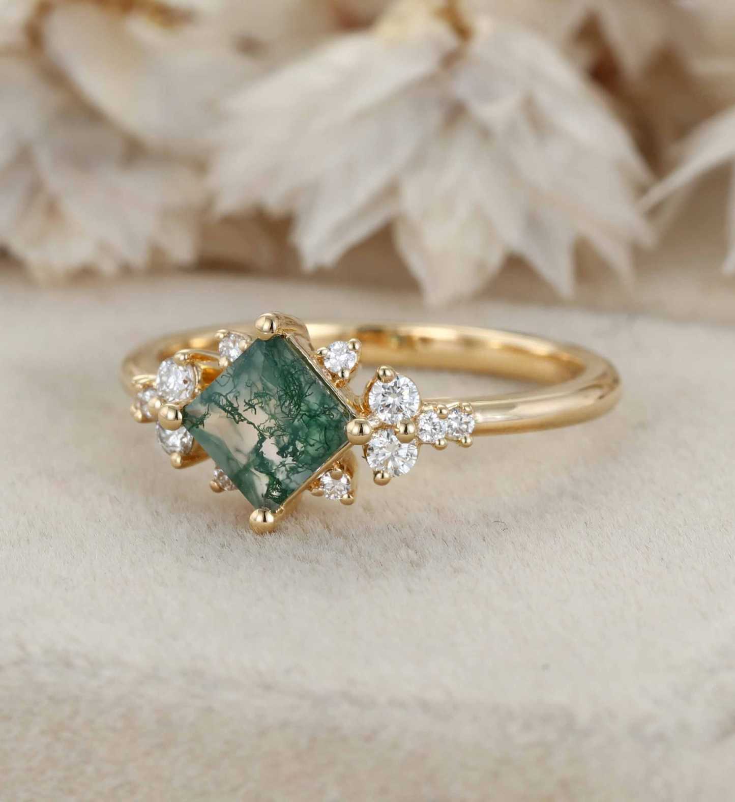 Princess Cut Vintage Moss Agate Engagement Ring 14K Yellow Gold Engagement Ring Unique Diamond Ring Bridal Wedding Anniversary Promise Ring