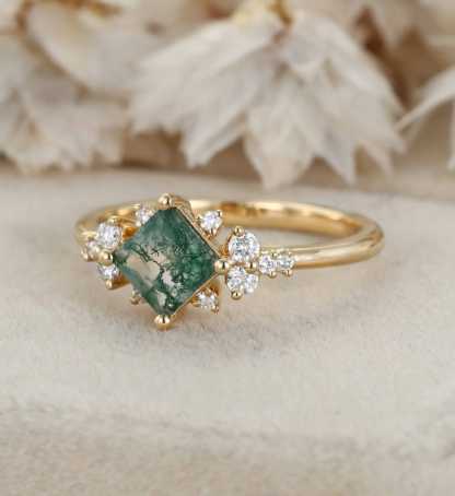 Princess Cut Vintage Moss Agate Engagement Ring 14K Yellow Gold Engagement Ring Unique Diamond Ring Bridal Wedding Anniversary Promise Ring