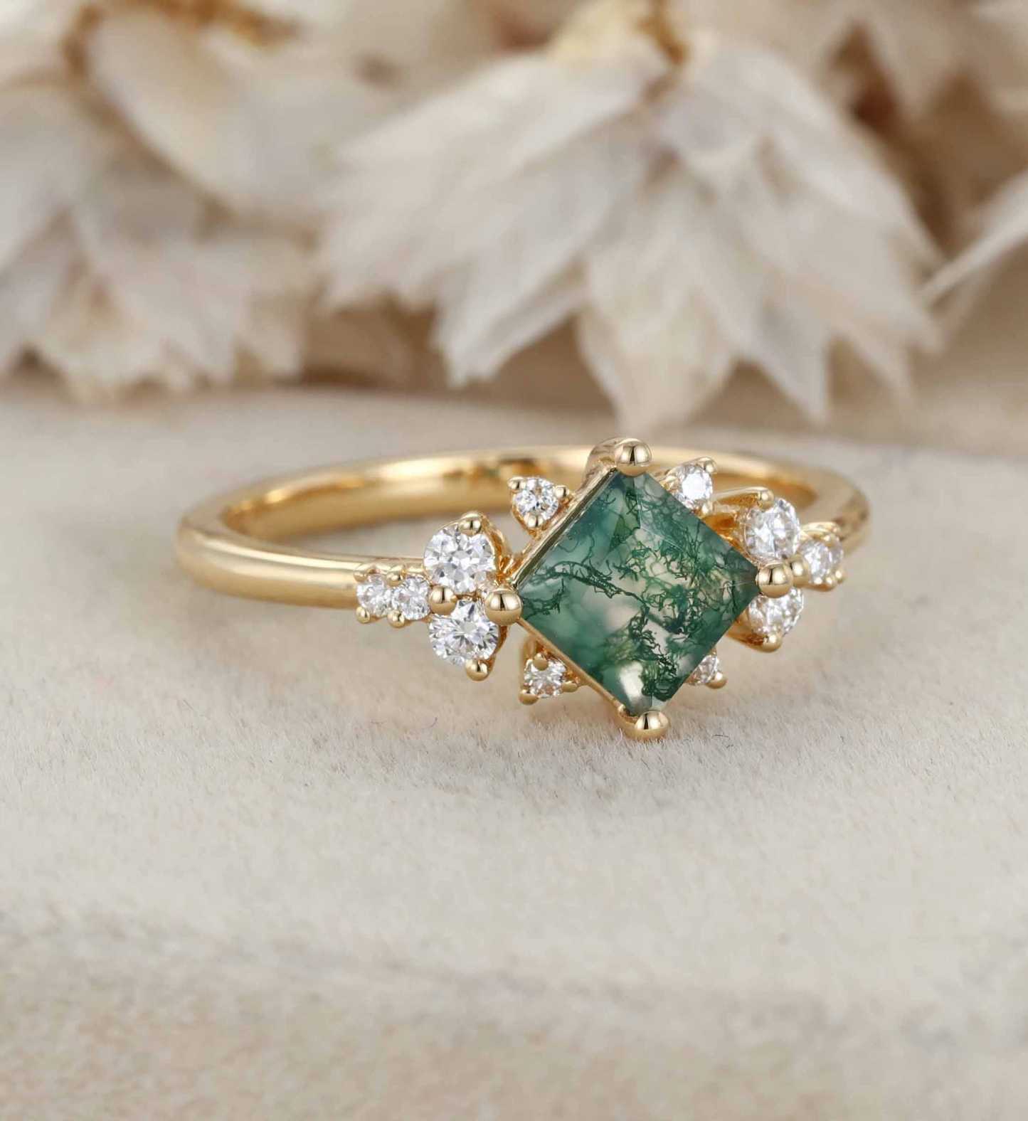 Princess Cut Vintage Moss Agate Engagement Ring 14K Yellow Gold Engagement Ring Unique Diamond Ring Bridal Wedding Anniversary Promise Ring