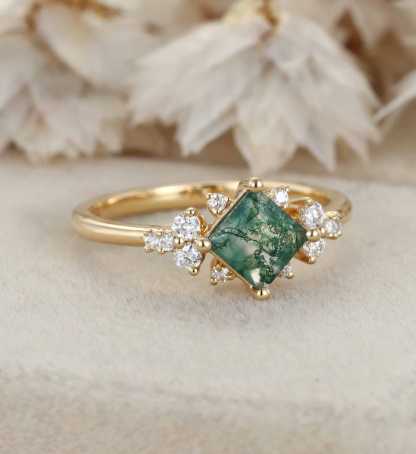 Princess Cut Vintage Moss Agate Engagement Ring 14K Yellow Gold Engagement Ring Unique Diamond Ring Bridal Wedding Anniversary Promise Ring