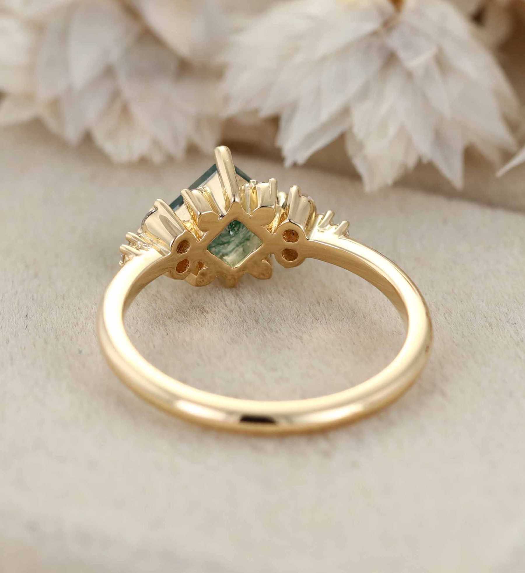 Princess Cut Vintage Moss Agate Engagement Ring 14K Yellow Gold Engagement Ring Unique Diamond Ring Bridal Wedding Anniversary Promise Ring