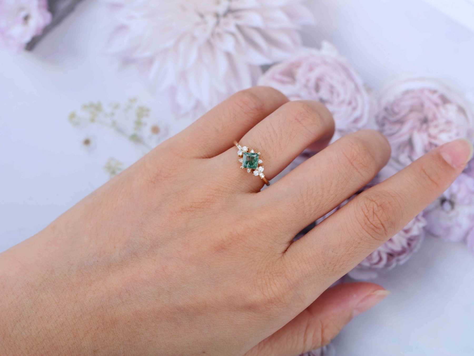 Princess Cut Vintage Moss Agate Engagement Ring 14K Yellow Gold Engagement Ring Unique Diamond Ring Bridal Wedding Anniversary Promise Ring