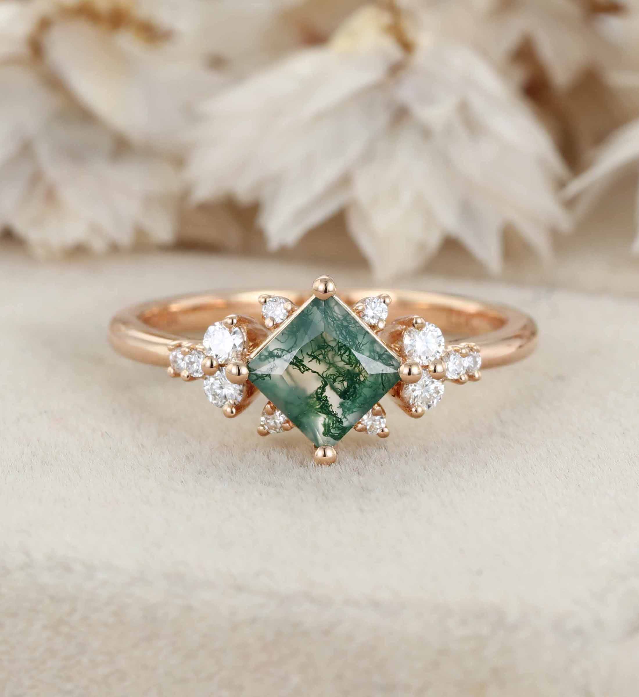 Princess Cut Vintage Moss Agate Engagement Ring 14K Yellow Gold Engagement Ring Unique Diamond Ring Bridal Wedding Anniversary Promise Ring