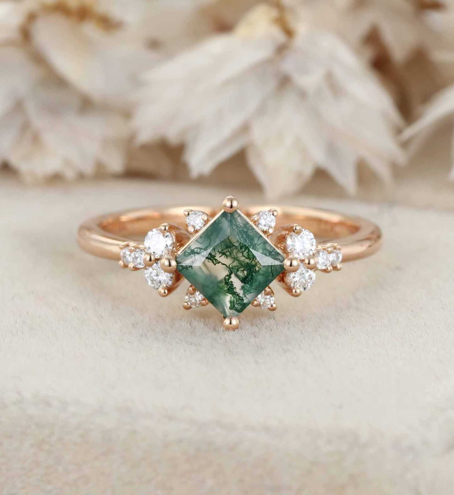 Princess Cut Vintage Moss Agate Engagement Ring 14K Yellow Gold Engagement Ring Unique Diamond Ring Bridal Wedding Anniversary Promise Ring