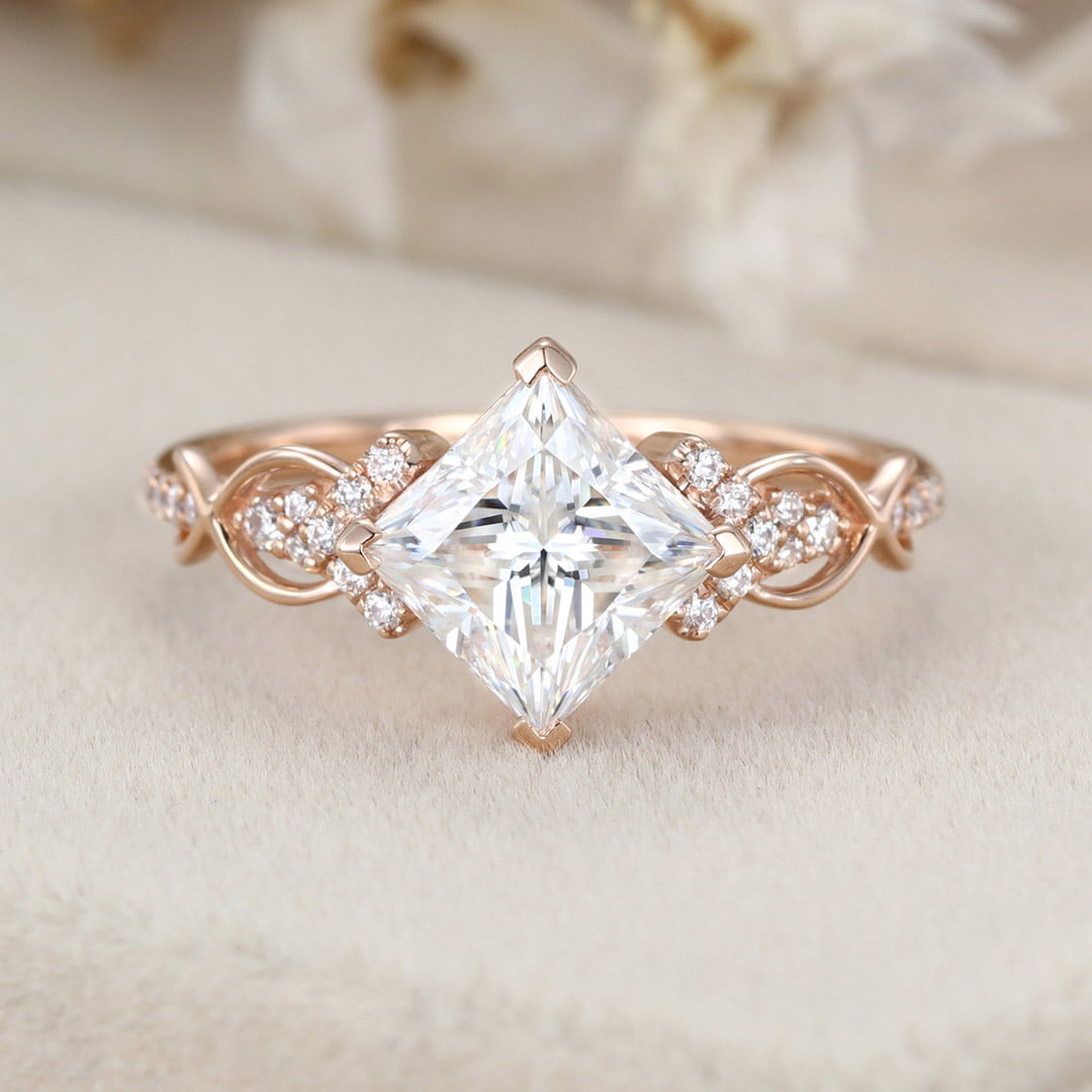 1.5 Carat Princess Cut Moissanite Engagement Ring In 14K Rose Gold