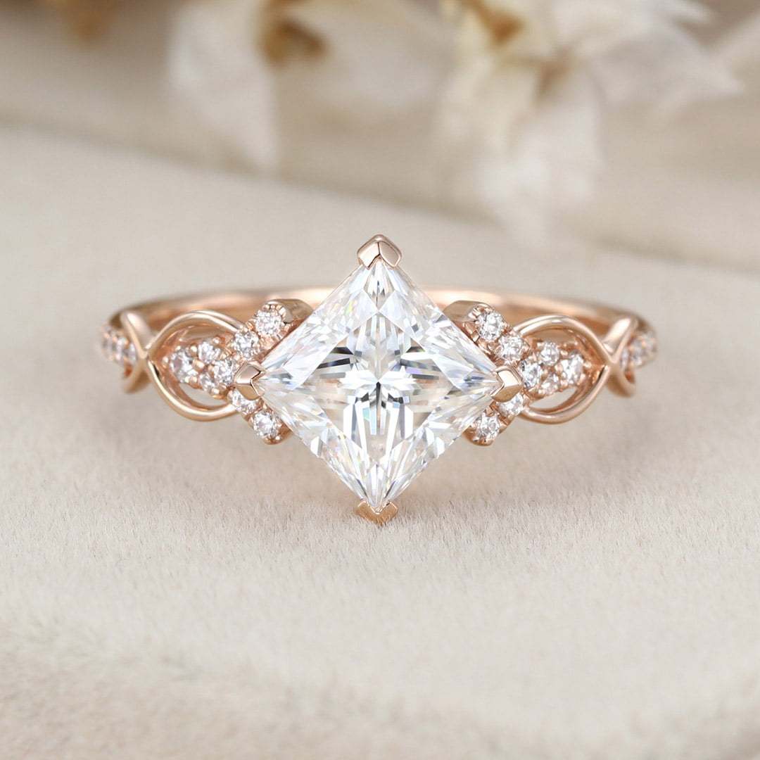 1.5 Carat Princess Cut Moissanite Engagement Ring In 14K Rose Gold
