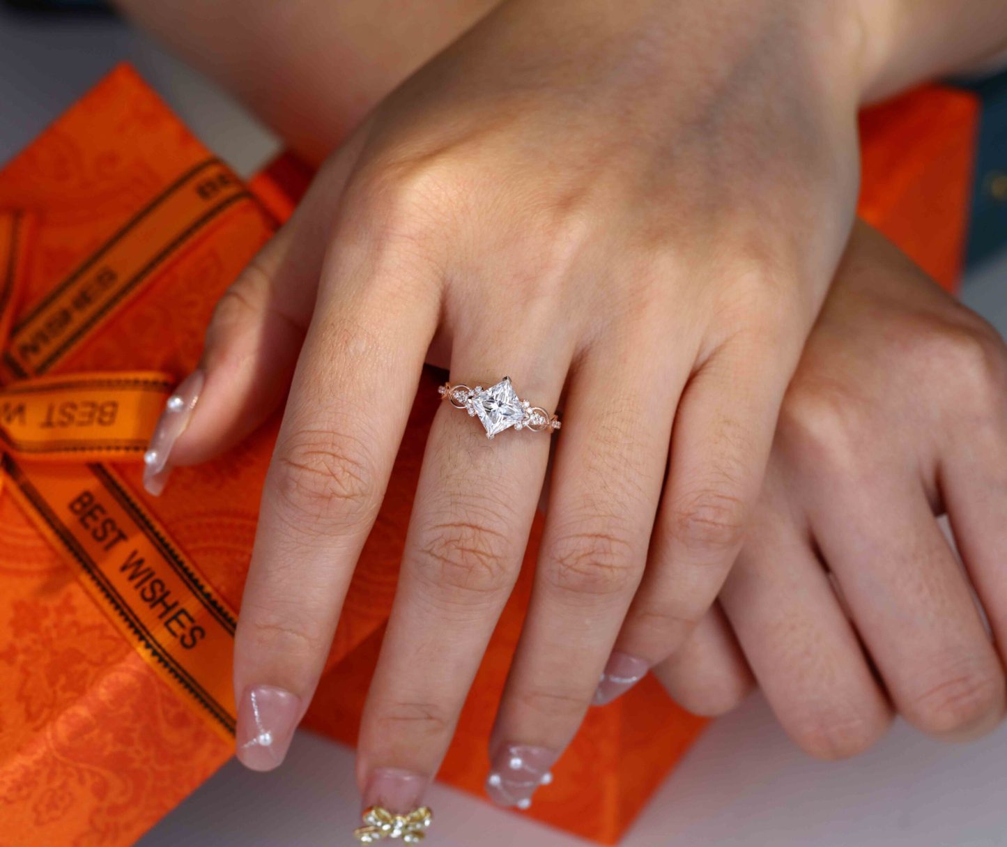 1.5 Carat Princess Cut Moissanite Engagement Ring In 14K Rose Gold
