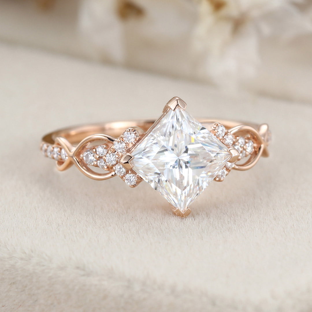 1.5 Carat Princess Cut Moissanite Engagement Ring In 14K Rose Gold